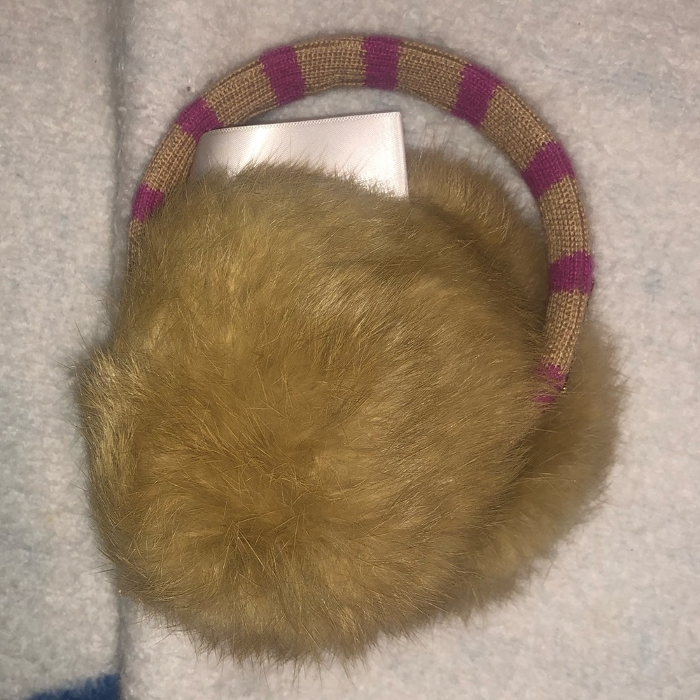 Michael kors rabbit fur beige pink stripe earmuffs